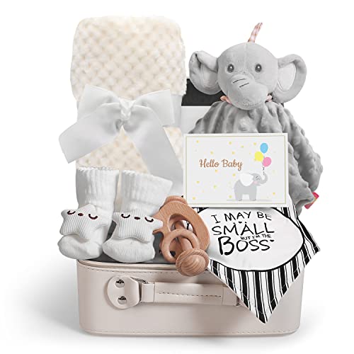 Baby Shower Gifts Baby Boy Gifts Christmas Baby Gift Set for Newborn Essentials Baby Blanket Elephant Lovey Wooden Rattle Infant Bibs Socks Greeting Card Gender Reveal Gift Basket 0 belly baby and beyond