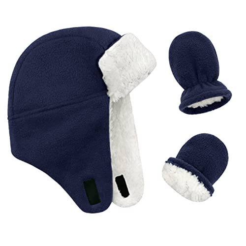 Baby Winter Hat Sherpa Toddler Boy Trapper Hats and Mittens Set Warm Fleece Infant Beanie Gloves 0 belly baby and beyond