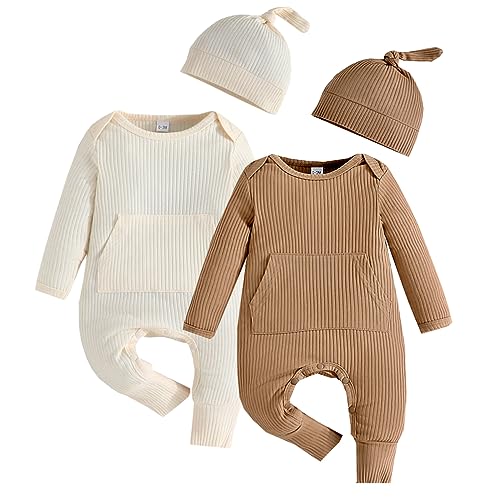 Bafeicao Newborn Baby Boy Girl Romper Ribbed Long Sleeve Jumpsuit with Hat Infant Coming Home Outfit Clothes Set 0 belly baby and beyond