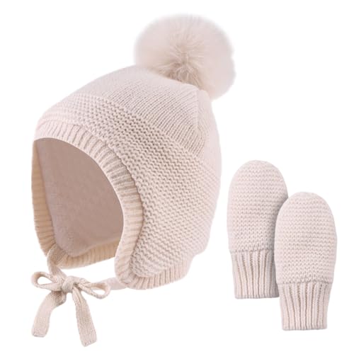Basic Winter Baby Beanie Gloves Boys Girls Knitted Hat Pompom Kids Earflap Hats Warm Infant Toddler Beanie Mittens Set 0 belly baby and beyond