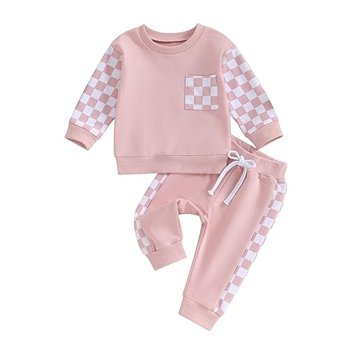 BeQeuewll Baby Girl Clothes Fall Winter Outfits Long Sleeve Sweatsuit Checkboard Sweatshirt and Pants Toddler Infant Clothing 0 belly baby and beyond