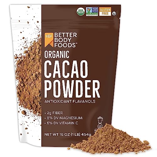 BetterBody Foods Organic Cacao Powder Rich Chocolate Flavor Non GMO Gluten Free Cocoa 16 ounce 1 lb bag 0 belly baby and beyond