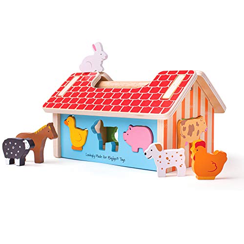 Bigjigs Toys Shape Sorter Wooden Toys Farm Toys Wooden Shape Sorter Shape Sorters for 2 Year Olds Wooden Farm Toys Childs Farm Toy Toy Farm Shape Sorter 0 belly baby and beyond