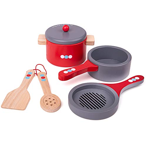 Bigjigs Toys Wooden Cooking Pans Set with Wooden Spoon and Spatula Pretend Play and Role Play for Children 0 belly baby and beyond