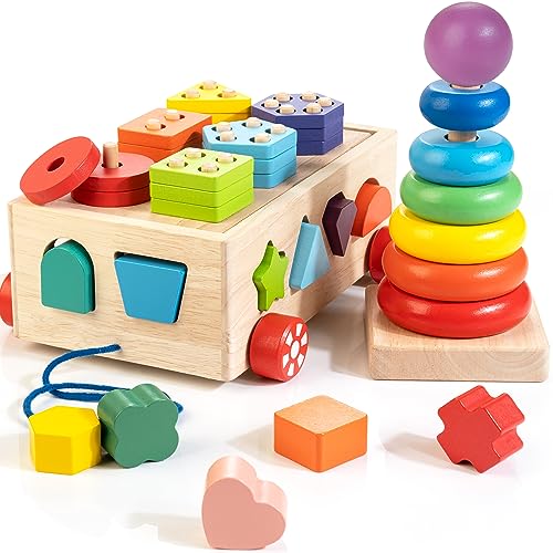 Bravmate Montessori Toys for 1 Year Old Wooden Blocks Shape Sorter Stacking Rings Baby Color Sorting Toys for Toddlers 1 3 Pull Along Educational Learning Toys 1 Year Old Boys Girls Birthday Gift 0 belly baby and beyond
