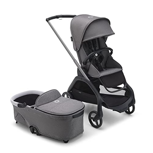 Bugaboo Dragonfly City Stroller with Full Size Baby Bassinet and Toddler Seat One Hand Easy Fold in any Position Full Suspension Large Basket Graphite Chassis and Grey Melange Sun Canopy 0 belly baby and beyond