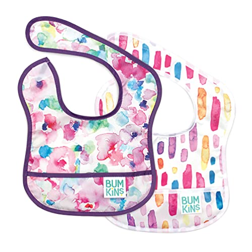 Bumkins Bibs for Baby Girl or Boy Infant 3 9 Months Essential Must Have for Eating Feeding Baby Led Weaning Mess Saving Waterproof Soft Fabric Starter Bib 2 pk Watercolors and Brushstrokes 0 belly baby and beyond