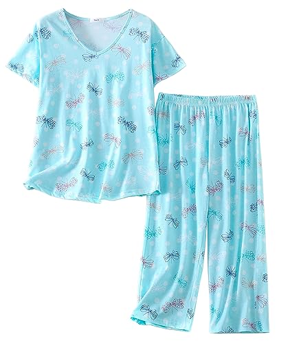 CHUNG Women Cotton Pajama Sets Sleepwear pjs Short Sleeve Shirt Capri Length Crop Pants Cute Vivid Print 0 belly baby and beyond