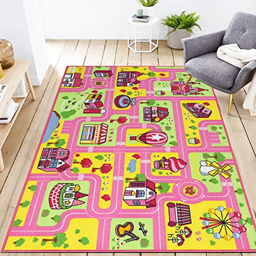 Capslpad Kid Rug for Playroom Pink Play Rug Traffic Road Car Play Mat 52x33 ft Educational Learning Area Rug Washable Kids Carpet for Children Girls BedroomPlayroomNursery Room Decor 0 belly baby and beyond