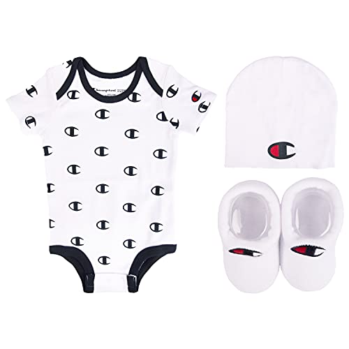 Champion unisex baby 3 pc Box Set Includes an Infant Body Suit a Bib Or Hat Pair of Booties in Colors and Size 0 6m 0 belly baby and beyond