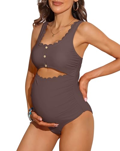 Charmo Maternity One Piece Swimsuit Scalloped Cut Out Ruched High Waisted Scoop Neck Pregnancy Bathing Suit 0 belly baby and beyond