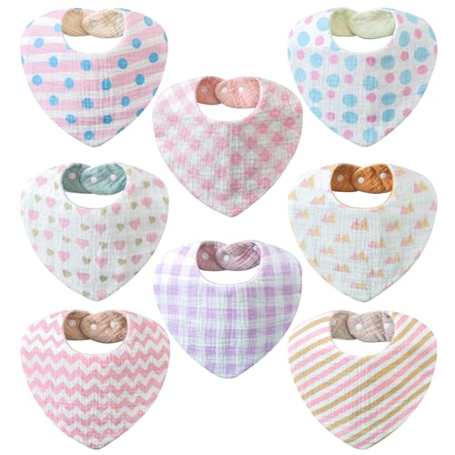 Cherub Reversible Muslin Bibs for Baby Girl 8 Pack 16 Stylish Designs Bandana Bibs Solid Colors Adorable Prints Soft and Absorbent Baby Bibs for Drooling and Teething 0 belly baby and beyond