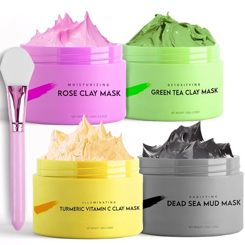 Clay Mask Pack of 4 Jars 400g With Cute Headband Brush Clay Face Mask Gift Pack Turmeric Vitamin C Clay Mask For Face Green Tea Rose Dead Sea Mud Mask Deep Pore Cleansing Brightening 0 belly baby and beyond