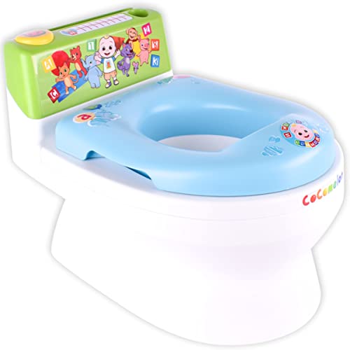 CoComelon Official Musical Transition Potty Trainer Plays Potty Training Song Transforms from Potty to Toilet Topper Seat Easy to Clean with Handles Splash Guard Tracking Chart and Storage 0 belly baby and beyond