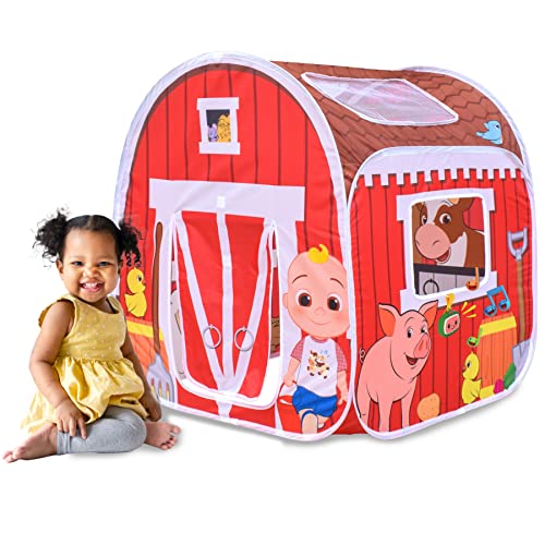 CoComelon Old MacDonalds Musical Barn Pop Up Tent Easy to Setup Playhouse for Kids Plays Music Roll Up Door and Mesh Windows 0 belly baby and beyond