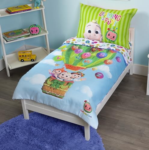 Cocomelon 4 Piece Toddler Bedding Set Includes Comforter Sheet Set Fitted Top Sheet Reversible Pillowcase for Boys Bed Blue 0 belly baby and beyond