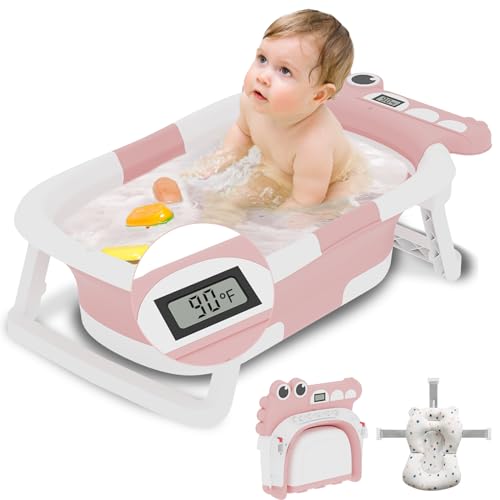 Collapsible Baby Bathtub Baby Bath Tub with Soft Cushion Thermometer Alligator Baby Bathtub with Detachable Feet Durable Infant Bathtub Applicable 0 36 Month Pink 0 belly baby and beyond