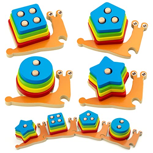 Coogam Shape Sorting Montessori Toy for Toddler Wooden Snail Stacking Sorter Set Geometric Color Block Fine Motor Skill Preschool Educational Learning Gift 0 belly baby and beyond
