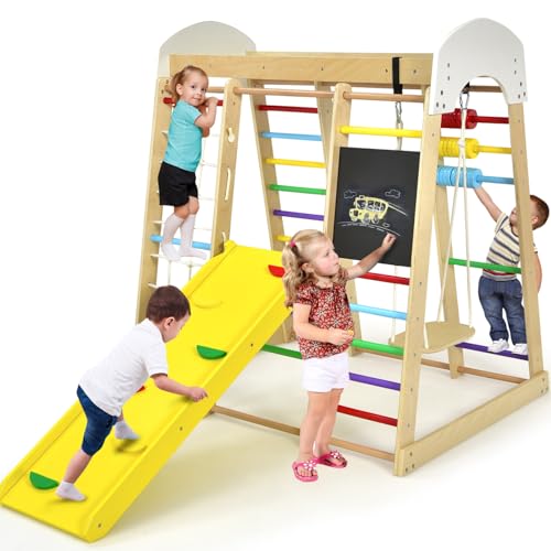 Costzon Indoor Jungle Gym 8 in 1 Montessori Climbing Toys for Toddlers with Slide Climbing RockNet Monkey Bars Wooden Playground Climber Playset for Kids Gifts Presents 0 belly baby and beyond