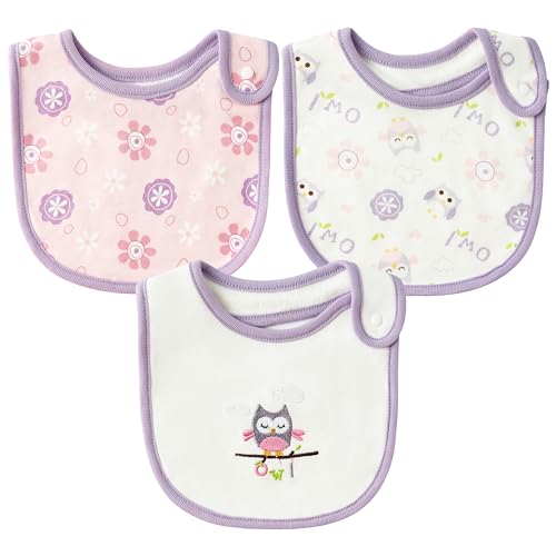 Cotton Drooling Baby Bib 3Pcs Unisex Boy Girl Cotton Teething Infant Bibs with Adjustable Buttons Purple Owl Toddler Food Bibs Keepsake Baby Gift Photo Props for Baby Shower6 12 months 0 belly baby and beyond