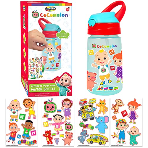 Creative Kids Cocomelon Decorate Your Own Water Bottle BPA Free with 4 Sheets of Stickers Leak Proof Pop Up Spout Cover Easy to Grip School or Travel Bottle Gift for Boys Girls Age 3 0 belly baby and beyond