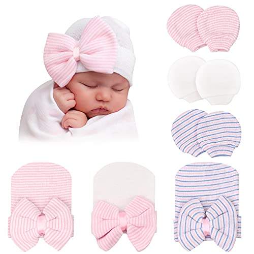 DRESHOW BQUBO Newborn Hospital Hat and Mittens Infant Baby Beanie Soft Cotton Cute Knot Nursery Cap for 0 6 Months Girls Boys 0 belly baby and beyond