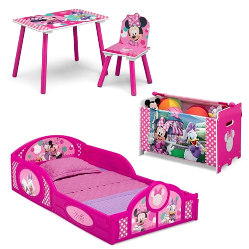 Delta Children Disney Minnie Mouse 4 Piece Toddler Room in a Box Set Includes Sleep and Play Toddler Bed Table 1 Chair and Toy Box Pink 0 belly baby and beyond