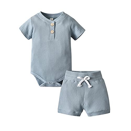 Derouetkia Summer Newborn Baby Boy Girl Clothes Solid Color Ribbed Romper and Shorts Outfits Set 0 belly baby and beyond