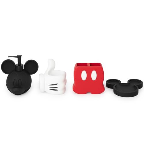 Disney Mickey Mouse Bathroom Organizer Set 4 Piece Red Black and White Accessories includes Resin Soap Dispenser Soap Dish Toothbrush Holder and Tumbler Bathroom Decor 0 belly baby and beyond