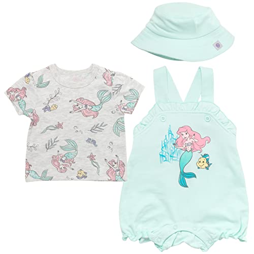Disney Minnie Mouse Ariel Baby Girls French Terry Short Overalls T Shirt and Hat 3 Piece Outfit Set Newborn to Infant 0 belly baby and beyond