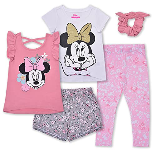 Disney Minnie and Mickey Girls Tank Top T Shirt Short Legging and Scrunchie Set for Toddler and Little Kids 0 belly baby and beyond