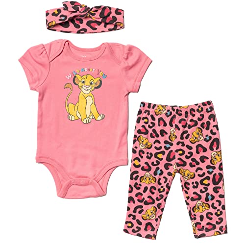 Disney Pixar Toy Story Lion King Minnie Mouse Baby Girls Bodysuit Pants and Headband 3 Piece Outfit Set Newborn to Infant 0 belly baby and beyond
