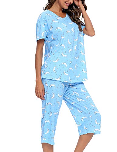 ENJOYNIGHT Womens Pajama Sets Cotton Pj Set Short Sleeve Top With Capri Pants Sleepwear 2 Piece Lounge Set 0 belly baby and beyond
