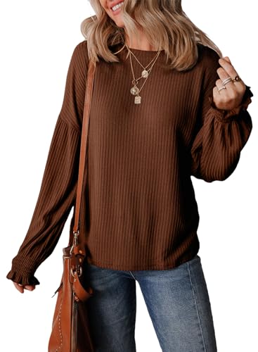 EVALESS Womens Fall Tops Cute Lantern Sleeve Shirts Basic Crewneck Blouses for Women Dressy Casual Outfits Trendy 2024 0 belly baby and beyond