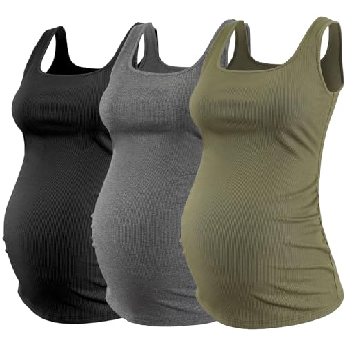 Ecavus 3PCS Maternity Square Neck Tank Top Sleeveless Ribbed Knit Basic Tops Pregnancy Athletic Yoga Shirts Camisole 0 belly baby and beyond
