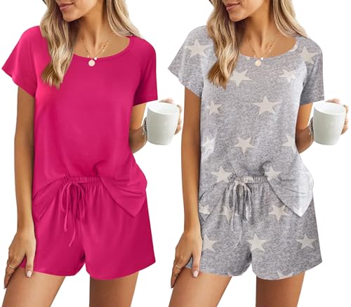 Ekouaer 2 Pack Pajamas Womens Short Sleeve Sleepwear Soft Crew Neck Pj Shorts Set Printed Loungewear Set with Pockets S XXL 0 belly baby and beyond