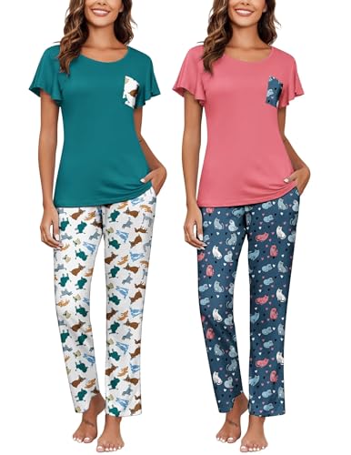 Ekouaer 2 Pack Womens Pajama Sets Short Sleeve with Long Pajama Pant Set Soft Sleepwear Printed Pj Lounge Sets with Pockets 0 belly baby and beyond