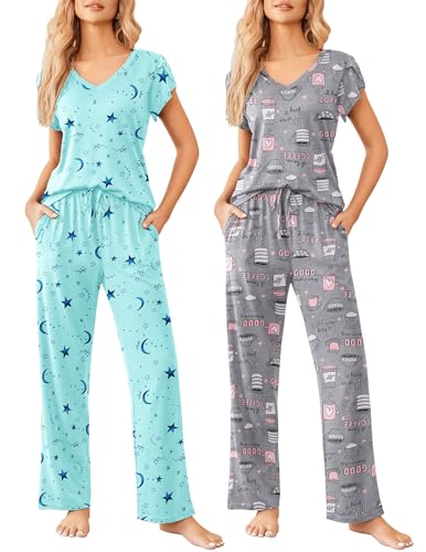 Ekouaer 2 Pack Womens Pajamas Short Sleeve Sleepwear Top with Pants Super Soft Printed Lounge Sets S XXL 0 belly baby and beyond