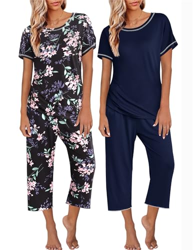 Ekouaer 2 Pack Womens Pajamas Short Sleeve Sleepwear Tops and Capri Pants Pjs Print Pajama Sets 0 belly baby and beyond