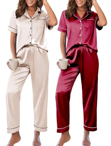 Ekouaer 2 Pack Womens Silk Satin Pajama Sets Button Down Sleepwear Short Sleeve Top and Pants Soft Pjs Lounge Set 0 belly baby and beyond