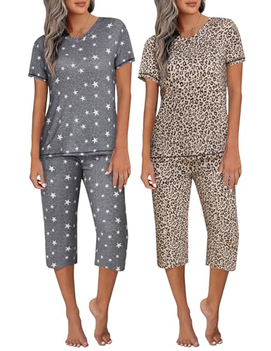 Ekouaer 2 Pack Womens Sleepwear Capri Pajama Sets Short Sleeve Two Piece Pjs V Neck Tops Capri Pants with Pockets S 3XL 0 belly baby and beyond