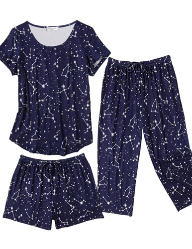 Ekouaer 3 PCS Capri Pajamas for Women Set Short Sleeve Pajama Sets Floral Pj Sets Soft Sleepwear with Pockets 0 belly baby and beyond