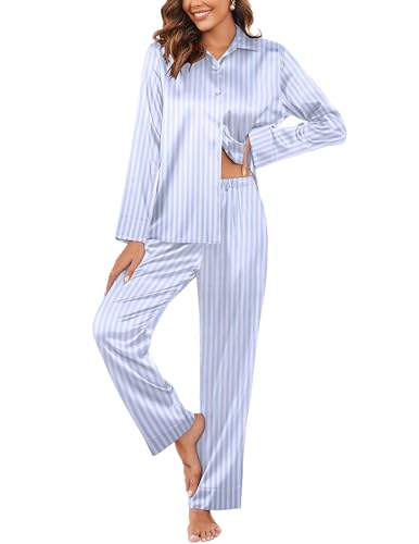 Ekouaer Classic Satin Pajamas for Women Long Sleeve Button Down Sleepwear Soft Silk Loungewear Pjs Set S XXL 0 belly baby and beyond