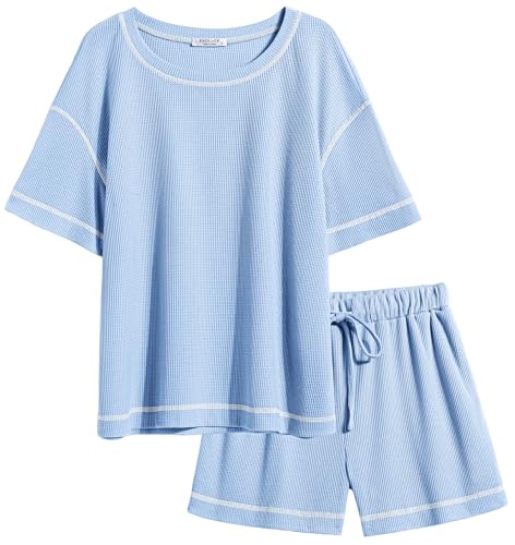 Ekouaer Lounge Sets for Women Waffle Knit Pajama Set 2 Piece Sets Outfit Loungewear Matching Set With Pockets 0 belly baby and beyond