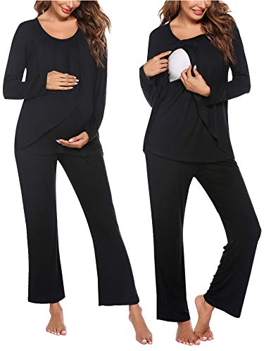 Ekouaer Maternity Nursing Pajama Set Long Sleeve Top Pants with Pockets Breastfeeding Sleepwear Double Layer Pregnancy 0 belly baby and beyond