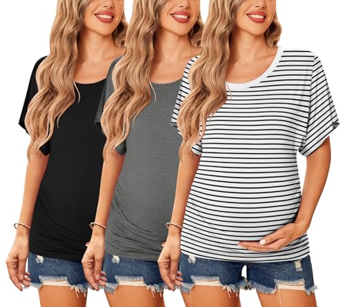Ekouaer Maternity Shirts 3 Packs Dolman Sleeve Side Ruched Tops Tunic Casual Pregnancy Clothes 0 belly baby and beyond