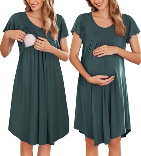 Ekouaer Nursing Nightown Labor and Delivery Gown for Hospital Pleated Breastfeeding Dress Short Sleeve Maternity Sleepwear 0 belly baby and beyond