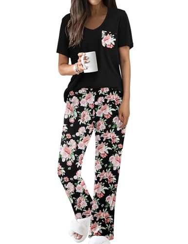 Ekouaer Pajama Sets For Women 2 Piece Short Sleeve Pj Sets With Long Printed Pants Sleepwear Casual Loose Lounge Sets 0 belly baby and beyond