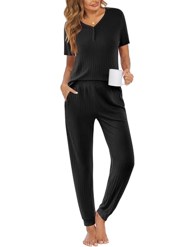 Ekouaer Pajama Sets for Womens Rib Knit Lounge Set Jogger Pants Short Sleeve Sleepwear 2 Piece Outfits Set with Pockets 0 belly baby and beyond