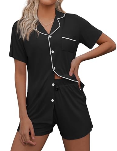 Ekouaer Pajamas Set for Women Short Sleeve Sleepwear Notch Collar Button Down Nightwear Soft Pjs Lounge Set 0 belly baby and beyond